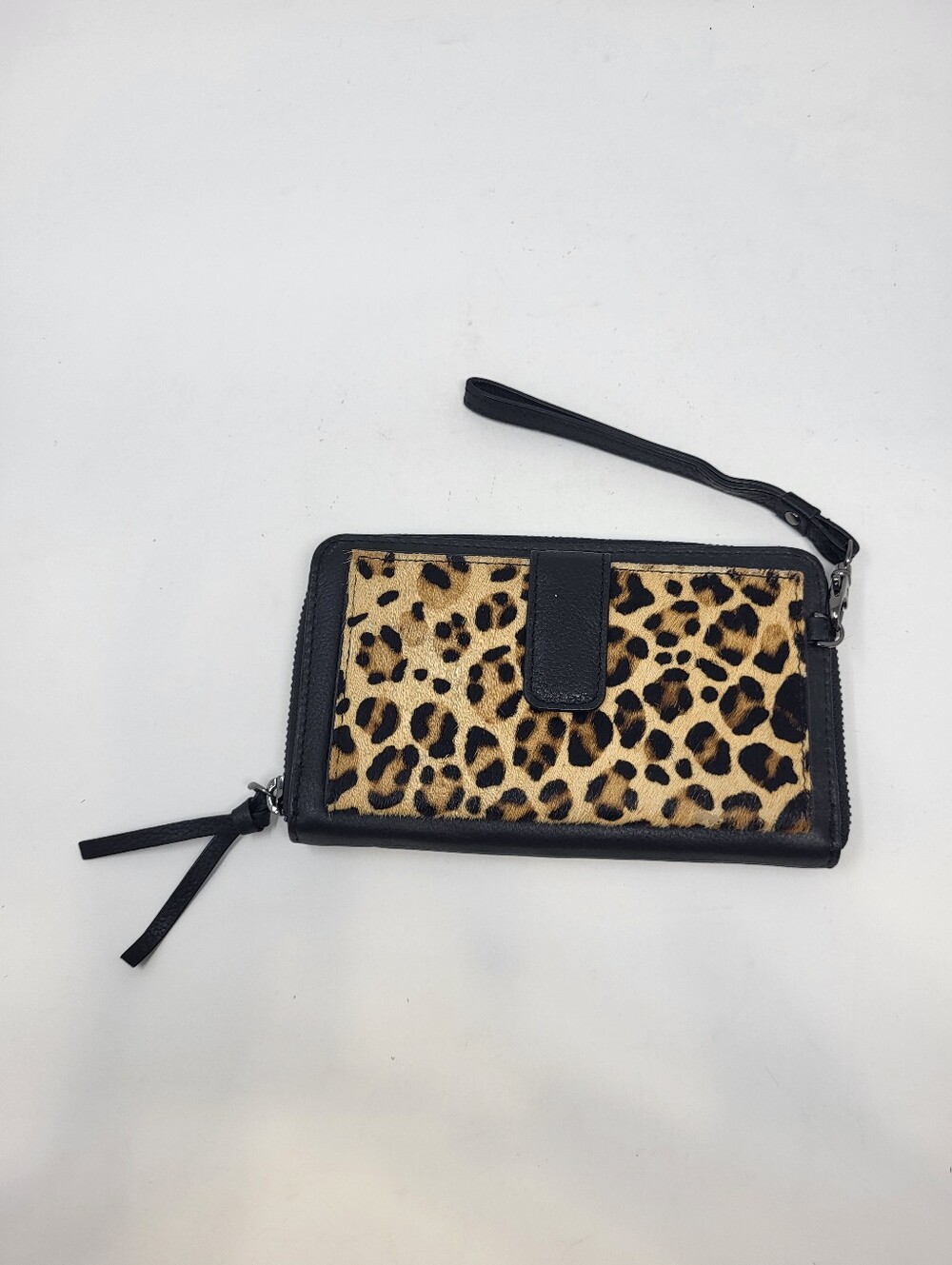 Rachel Roy Black Leather Zip Around Wallet Wristlet Calf Hair Cheetah Print